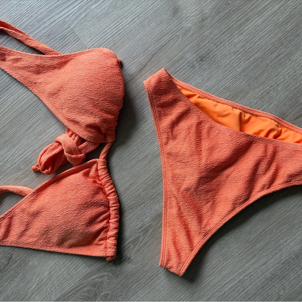 Zaful Orange Textured Bikini Set w/ Orange Wrap